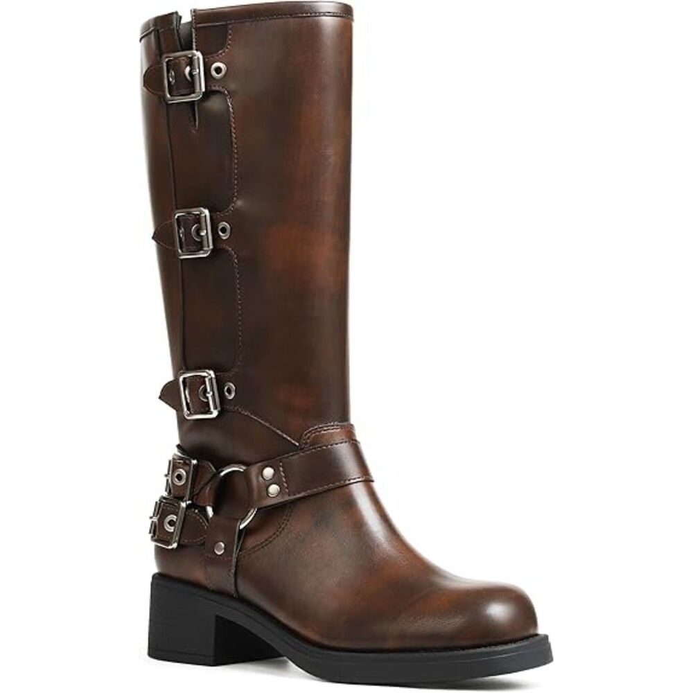 Women's Red Brown Square Toe Wide Calf Buckles Chunky Metallic Casual Boots